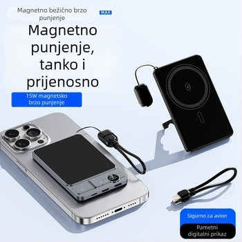 Prijenosna vanjska baterija s magnetskim bežičnim punjenjem, 3-u-1 dizajn, ultra tanka (22,5 W brzo punjenje; PD2.0; ulaz 9V/2A; nominalni kapacitet 6000mAh; aluminijsko kućište)