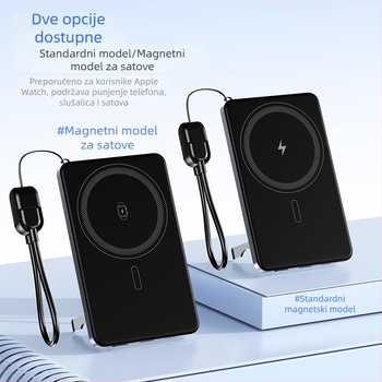 Prijenosna vanjska baterija s magnetskim bežičnim punjenjem, 3-u-1 dizajn, ultra tanka (22,5 W brzo punjenje; PD2.0; ulaz 9V/2A; nominalni kapacitet 6000mAh; aluminijsko kućište)