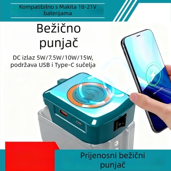 Bežični punjač za mobitele s USB Type-C; kompatibilan s litijskim baterijama Makita, DeWalt, Milwaukee i Bosch; ulazno napajanje 15.5-24V; tip punjača: drugi punjači