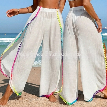 Ženske UV zaštitne plaža hlače, slobodan kroj s resicama, Bamboo Cotton tkanina, pamuk 60%, podstava 40% poliester, 194 g, pogodne za plivanje i vodene sportove