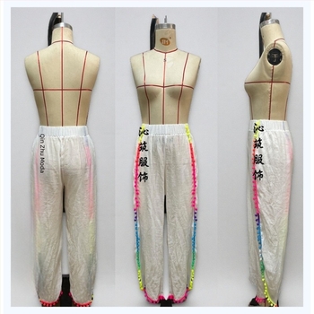 Ženske UV zaštitne plaža hlače, slobodan kroj s resicama, Bamboo Cotton tkanina, pamuk 60%, podstava 40% poliester, 194 g, pogodne za plivanje i vodene sportove