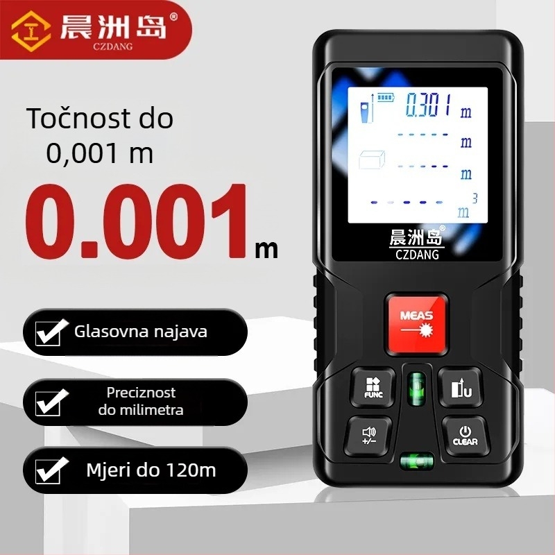 Laserski mjerač udaljenosti – ručni, unutarnja upotreba, (domet 0,05–120 m, preciznost ±3 mm, model LDM-C120)
