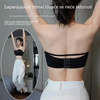 Bezšiven grudnjak tipa tube-top s debelim oblikovanim košaricama, najlonski materijal i podstava, prednja kopča, odvojive dvostruke naramenice