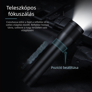 LED zseblámpa állítható teleszkópos zoommal, Type-C töltés, beépített 18650 1200mAh akkumulátor, 10W, hatótávolság több mint 500 m