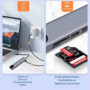 Type-C 8-in-1 dokkoló állomás HDMI-kimenettel, USB 3.0 hub, SD/TF kártyaolvasóval — 5Gbps