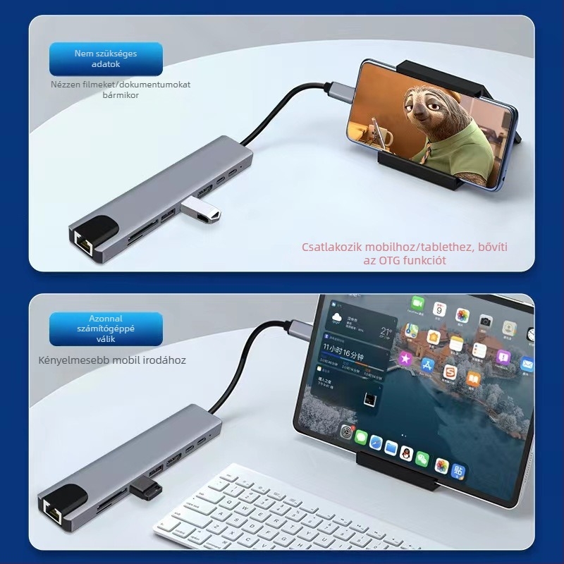 Type-C 8-in-1 dokkoló állomás HDMI-kimenettel, USB 3.0 hub, SD/TF kártyaolvasóval — 5Gbps