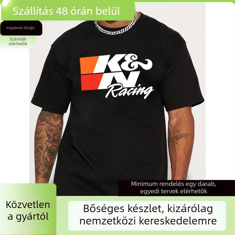 Férfi póló verseny pályás grafikus mintával, lélegző pamut (96%+), laza szabás, kerek nyakú, rövid ujjú