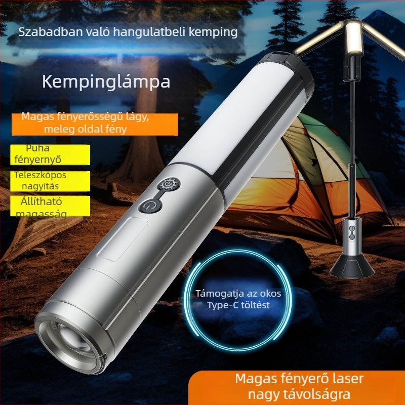 Kempingezésre tervezett multifunkciós LED zseblámpa, újratölthető, 4000 mAh akkumulátor, kézi tekercselés, 360° forgás, hatótávolság 100–200 m