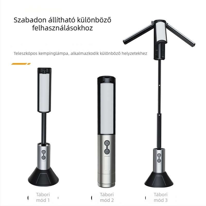 Kempingezésre tervezett multifunkciós LED zseblámpa, újratölthető, 4000 mAh akkumulátor, kézi tekercselés, 360° forgás, hatótávolság 100–200 m
