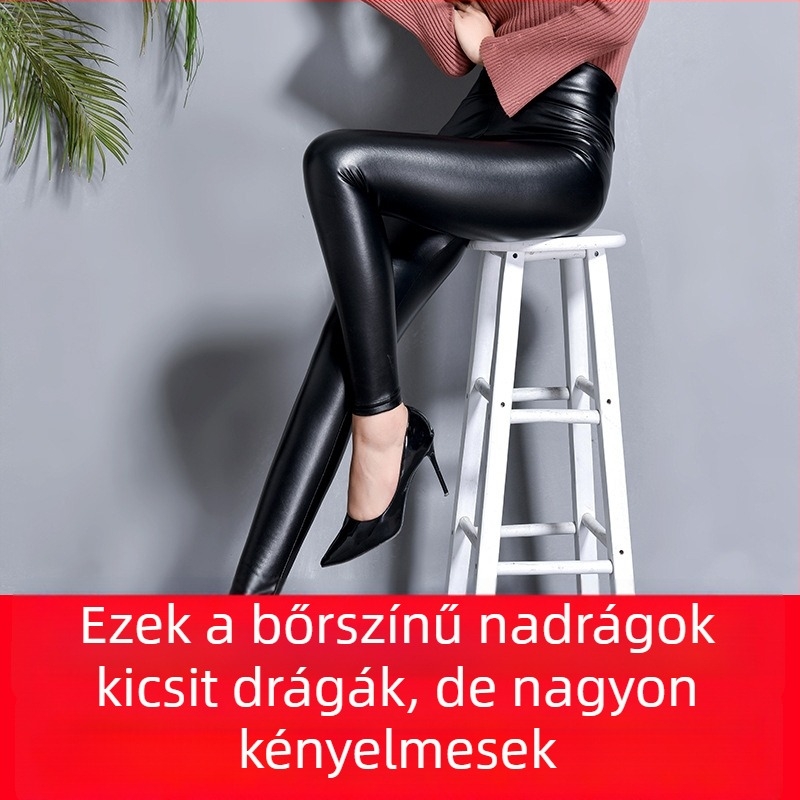 Női PU bőrhatású nadrág, fleece béléssel, magas derék, karcsúsított fazon, négyirányú elasztikusság