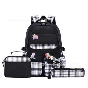 Lányoknak szánt nylon iskolai hátizsák masnival — légpárnás vállpántokkal, könnyű, lélegző, vízálló, kockás mintával