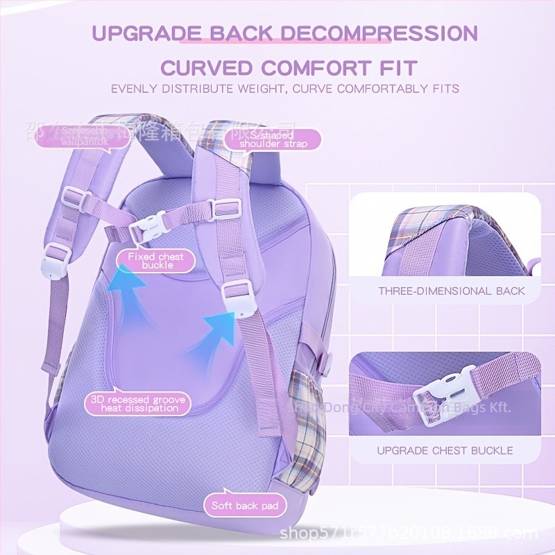 Lányoknak szánt nylon iskolai hátizsák masnival — légpárnás vállpántokkal, könnyű, lélegző, vízálló, kockás mintával