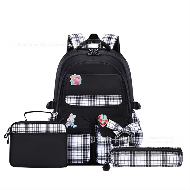 Lányoknak szánt nylon iskolai hátizsák masnival — légpárnás vállpántokkal, könnyű, lélegző, vízálló, kockás mintával