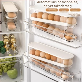 Hűtőszekrény tojás rendező, élelmiszer-minőségű PET+PP, többszintű kialakítás, automatikus feltöltés