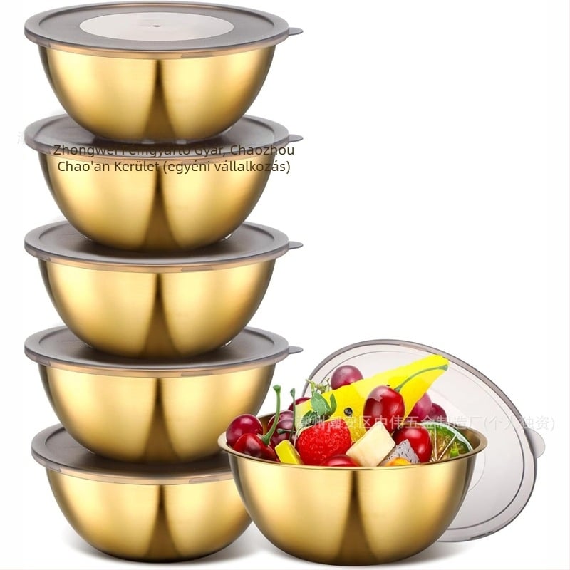 6 darab rozsdamentes acél konyhai tálakból álló készlet – tojásfelverő tál, salátás tál, zöldséges tál, leveses tál, frissességmegőrző tál, többfunkciós keverőtál