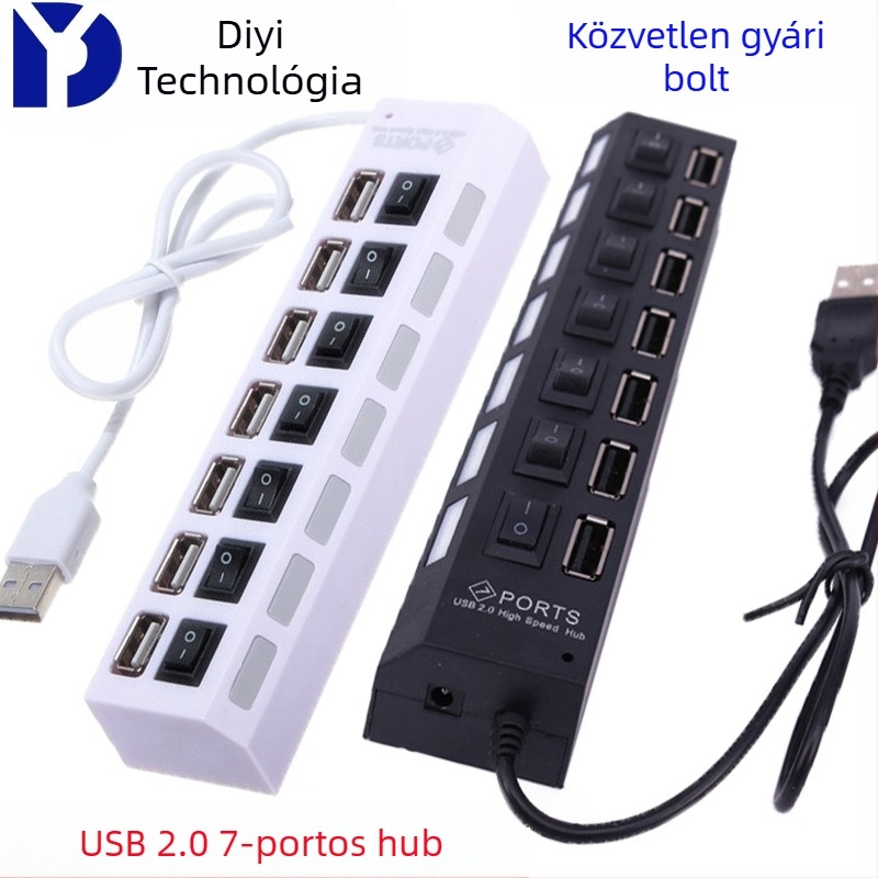 USB 2.0 7-portos hub adatok továbbítására és töltésre, USB buszos tápellátás, logó nyomtatás és testreszabás elérhető