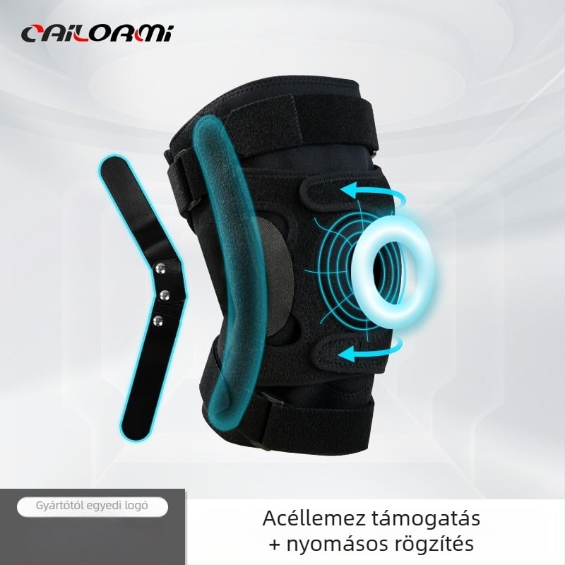 Állítható csuklós térdvédő nyitott dizájnnal, félhold alakú lemez, acél tartó, klóroprén kaucsuk