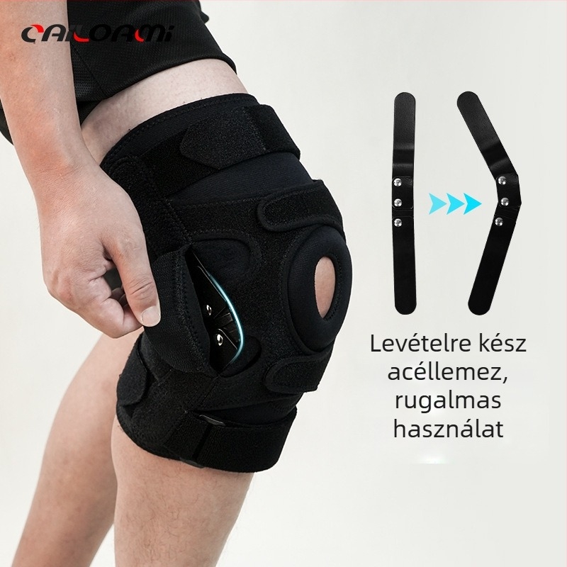 Állítható csuklós térdvédő nyitott dizájnnal, félhold alakú lemez, acél tartó, klóroprén kaucsuk