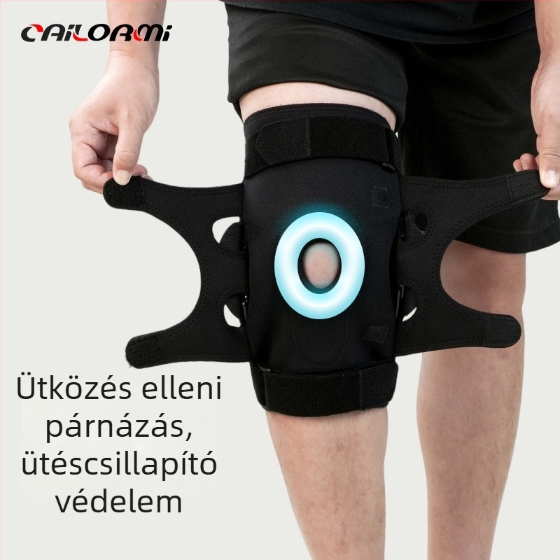 Állítható csuklós térdvédő nyitott dizájnnal, félhold alakú lemez, acél tartó, klóroprén kaucsuk