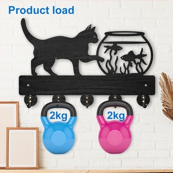 Tömörfa kulcstartó falra szerelhető, macska és akvárium motívummal, 5 kampóval, modern minimalista stílus, 2 kg teherbírás