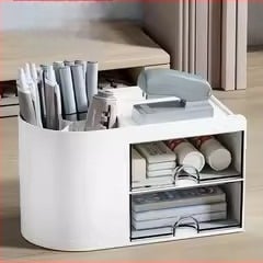 Asztali tolltartó tároló doboz kihúzható fiókkal – irodai rendező, 18 L kapacitás, fa erezetű textúra, japán stílus, műanyag, kézi fogantyúval