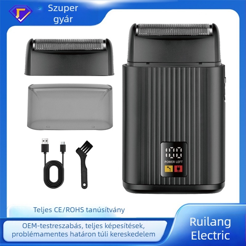 Reciprok mozgású elektromos borotva intelligens digitális kijelzővel, újratölthető, 60 perc akkumulátor‑üzemidő, teljes testre mosható