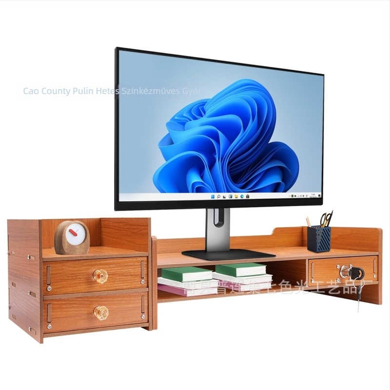 Fából készült monitor-emelő zárható kihúzható fiókkal, magasságban állítható asztali rendező 2 réteggel