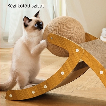 Vertical macska kaparó deszka hullámkartonból és sűrű lemezből, sisál golyóval, nemzeti trend stílusban