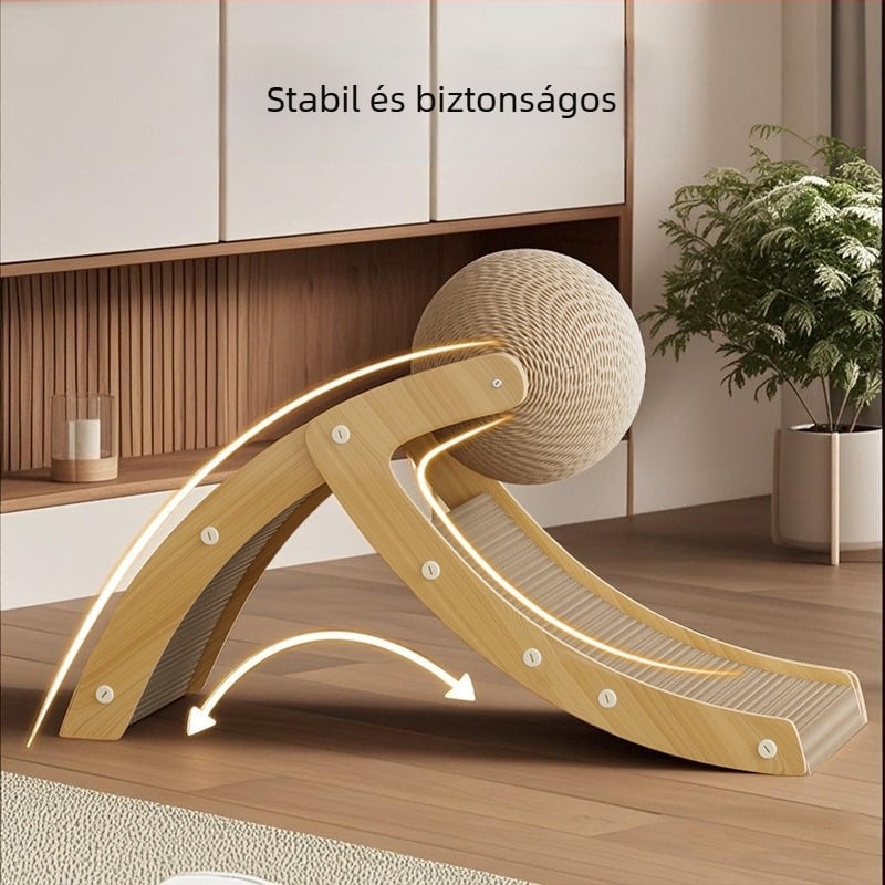 Vertical macska kaparó deszka hullámkartonból és sűrű lemezből, sisál golyóval, nemzeti trend stílusban