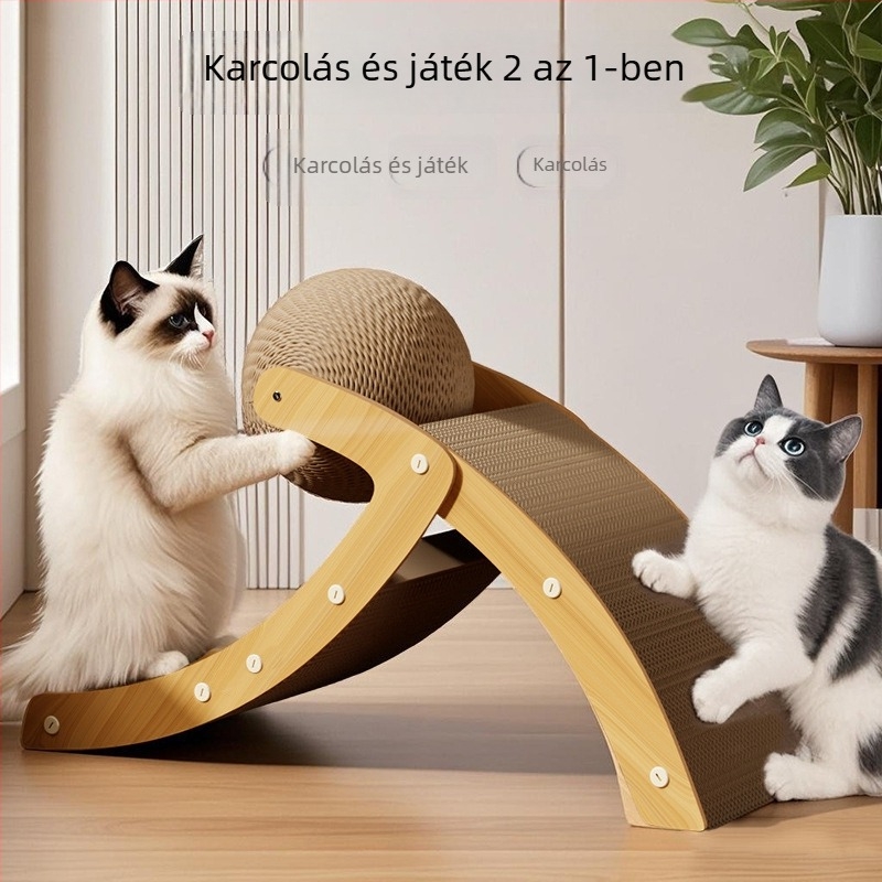 Vertical macska kaparó deszka hullámkartonból és sűrű lemezből, sisál golyóval, nemzeti trend stílusban