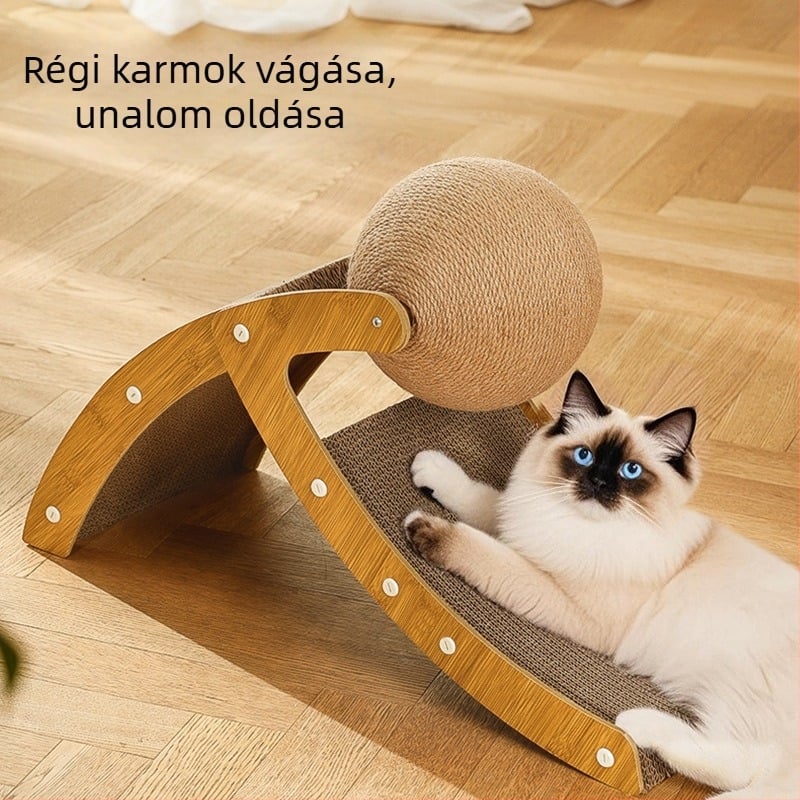 Vertical macska kaparó deszka hullámkartonból és sűrű lemezből, sisál golyóval, nemzeti trend stílusban