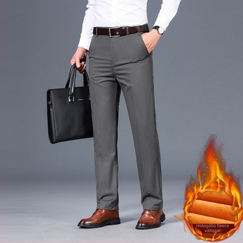 Férfi pamut nadrág fleeces béléssel, egyenes szabású, középmagas derék, zipzár, business casual