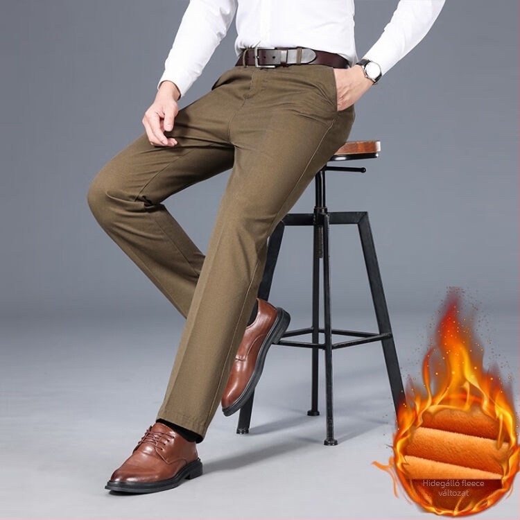 Férfi pamut nadrág fleeces béléssel, egyenes szabású, középmagas derék, zipzár, business casual