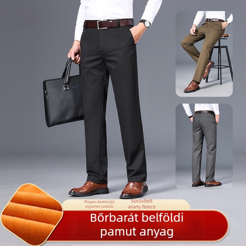 Férfi pamut nadrág fleeces béléssel, egyenes szabású, középmagas derék, zipzár, business casual