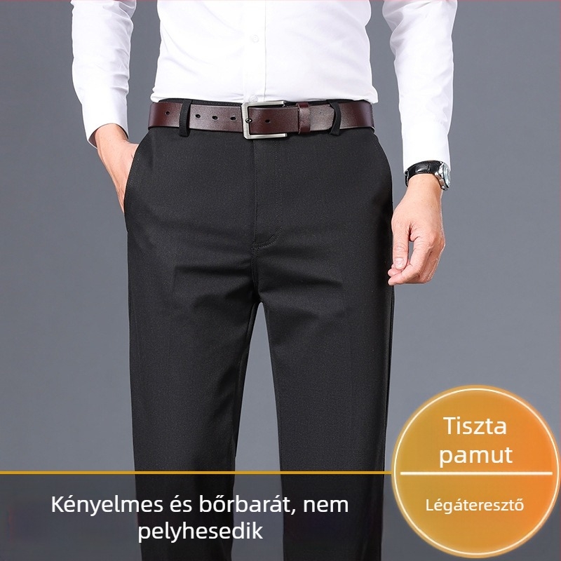Férfi pamut nadrág fleeces béléssel, egyenes szabású, középmagas derék, zipzár, business casual