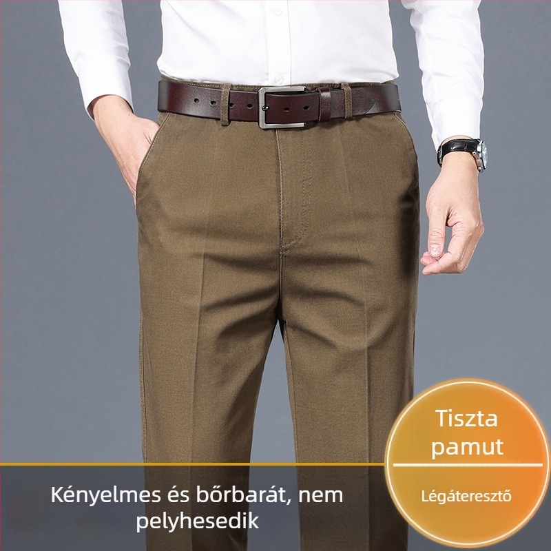 Férfi pamut nadrág fleeces béléssel, egyenes szabású, középmagas derék, zipzár, business casual