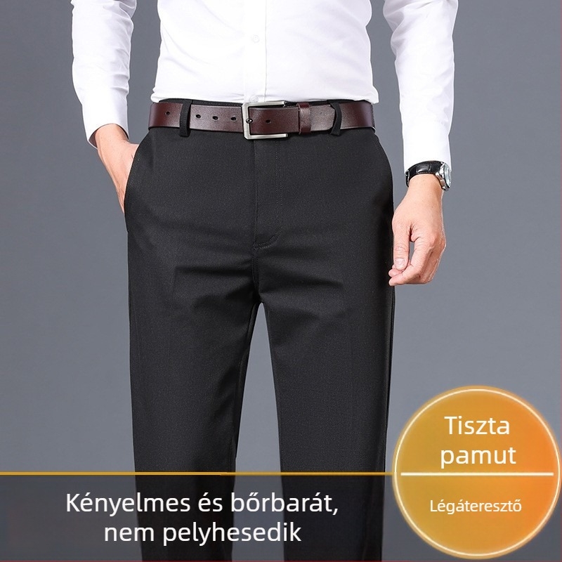 Férfi pamut nadrág fleeces béléssel, egyenes szabású, középmagas derék, zipzár, business casual