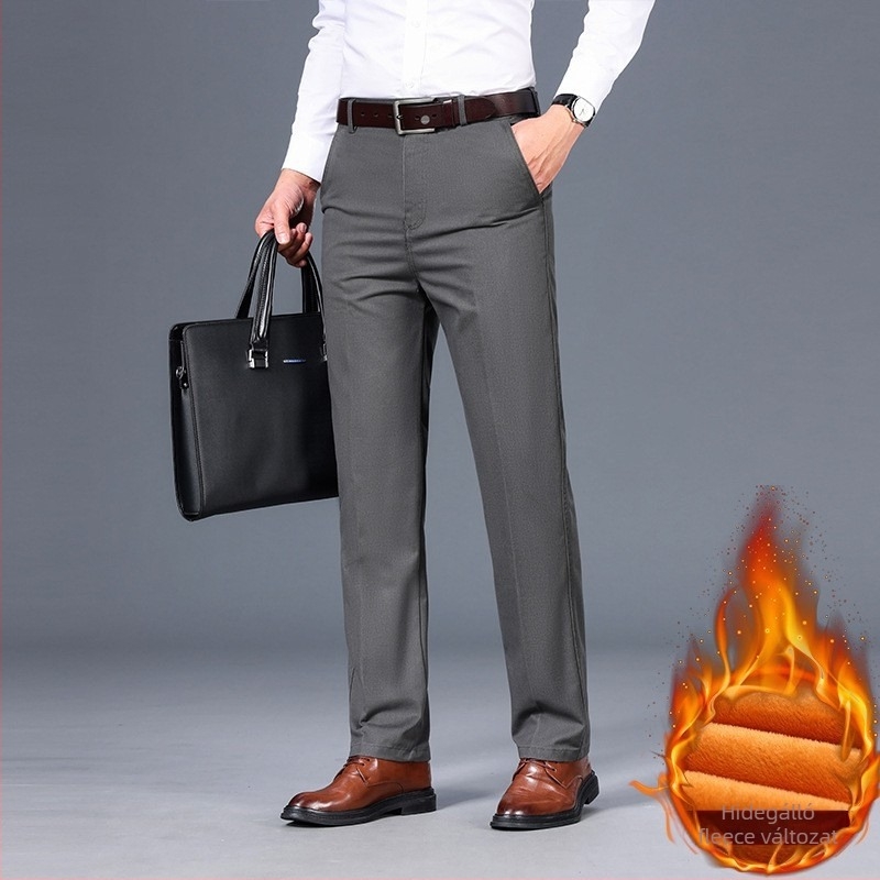 Férfi pamut nadrág fleeces béléssel, egyenes szabású, középmagas derék, zipzár, business casual