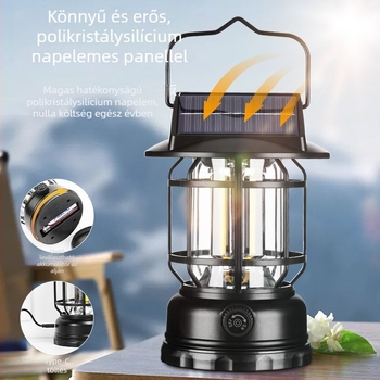 Napelemes LED kempinglámpa, vízálló kültéri használatra, 5V 5W, 1200mAh, 60 LED
