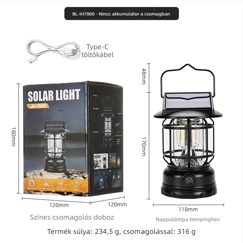Napelemes LED kempinglámpa, vízálló kültéri használatra, 5V 5W, 1200mAh, 60 LED
