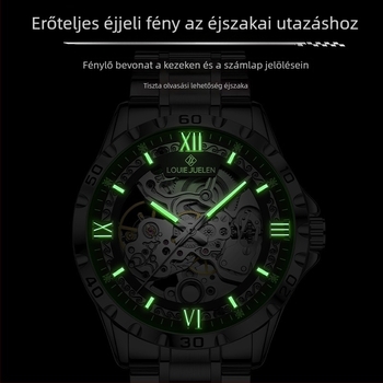 Férfi skeleton mechanikus karóra, 30M vízálló, csavaros koronával, átlátszó hátlappal, rozsdamentes acél karkötő pillangózárással