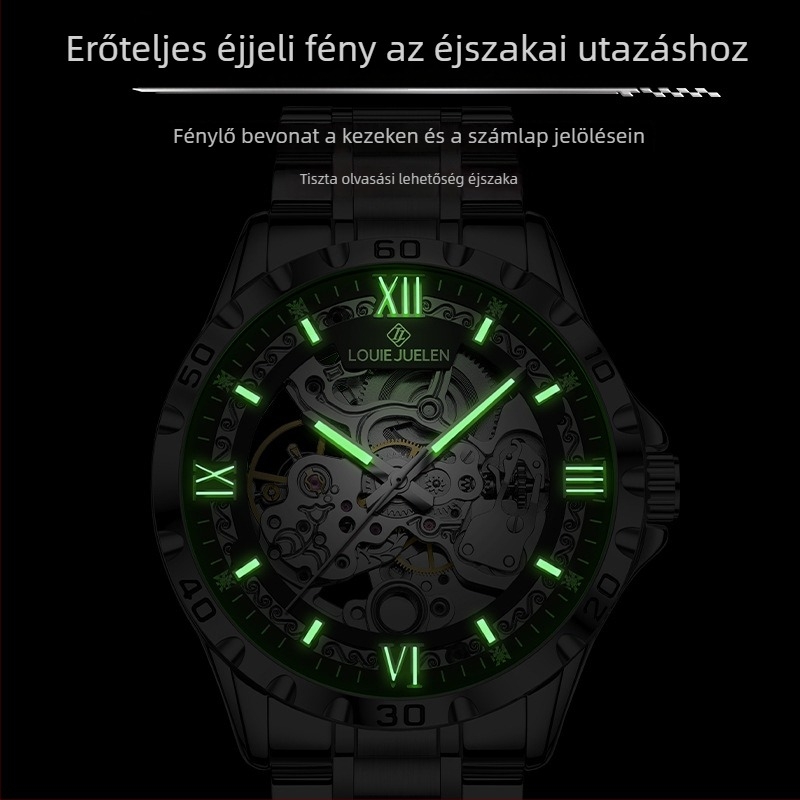 Férfi skeleton mechanikus karóra, 30M vízálló, csavaros koronával, átlátszó hátlappal, rozsdamentes acél karkötő pillangózárással