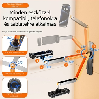 Fali szerelésű, 360°-ban forgó telefon tartó, fúrás nélküli, szénacél + ABS, univerzális stílus