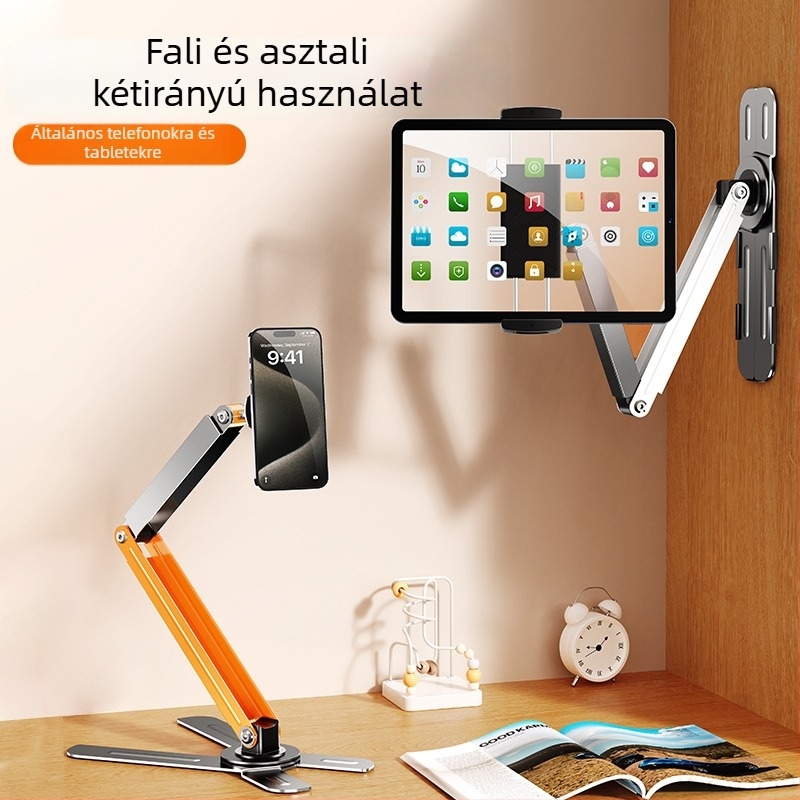 Fali szerelésű, 360°-ban forgó telefon tartó, fúrás nélküli, szénacél + ABS, univerzális stílus