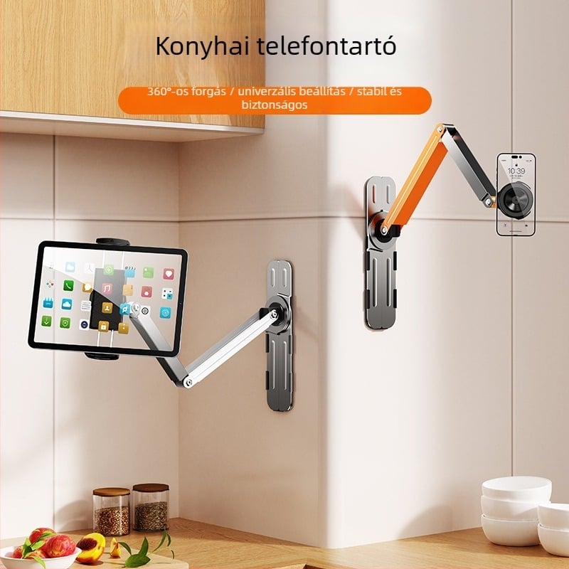 Fali szerelésű, 360°-ban forgó telefon tartó, fúrás nélküli, szénacél + ABS, univerzális stílus
