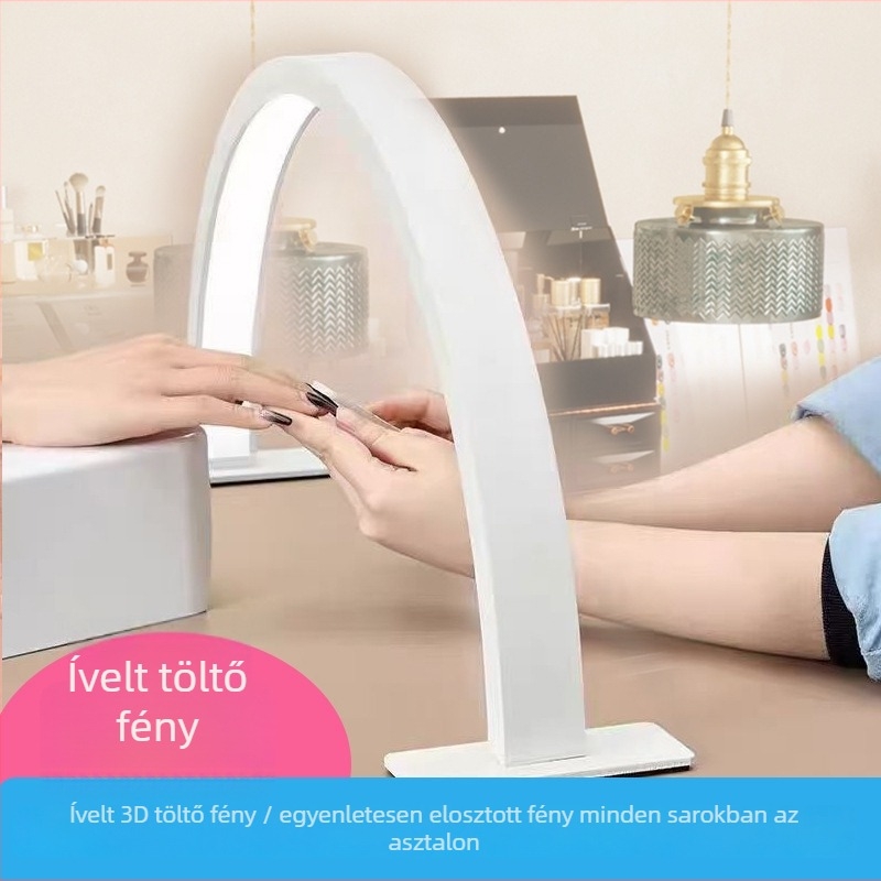 Félholdú LED manikűr- és szépségágyas asztali lámpa – szemvédő funkcióval, alapfény, műanyag árnyékoló, gombos kapcsoló, USB tápegység