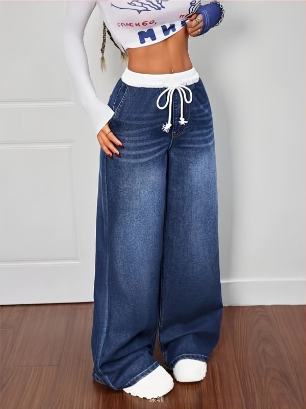 Denim nadrág, középmagas deréc, laza szabású, hosszú nadrág, közepes elasztikusság