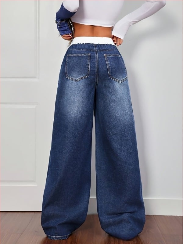 Denim nadrág, középmagas deréc, laza szabású, hosszú nadrág, közepes elasztikusság