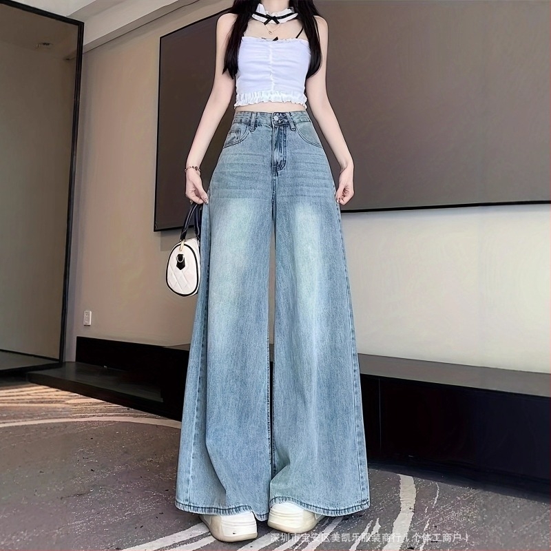 Denim nadrág, középmagas deréc, laza szabású, hosszú nadrág, közepes elasztikusság