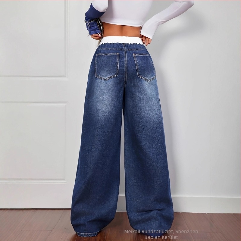 Denim nadrág, középmagas deréc, laza szabású, hosszú nadrág, közepes elasztikusság